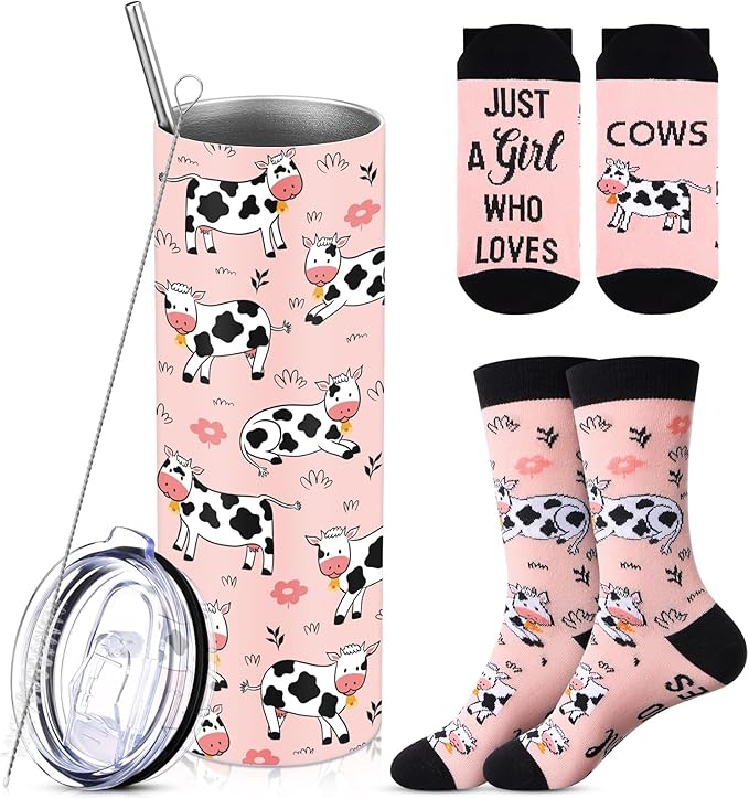 Funnymoom 2 Pack Cute Cow Gifts Set Skinny Tumbler 20 oz Travel Coffee Mug Novelty Cute Animals Socks, Christmas Birthday Party Gifts for Cow Themed