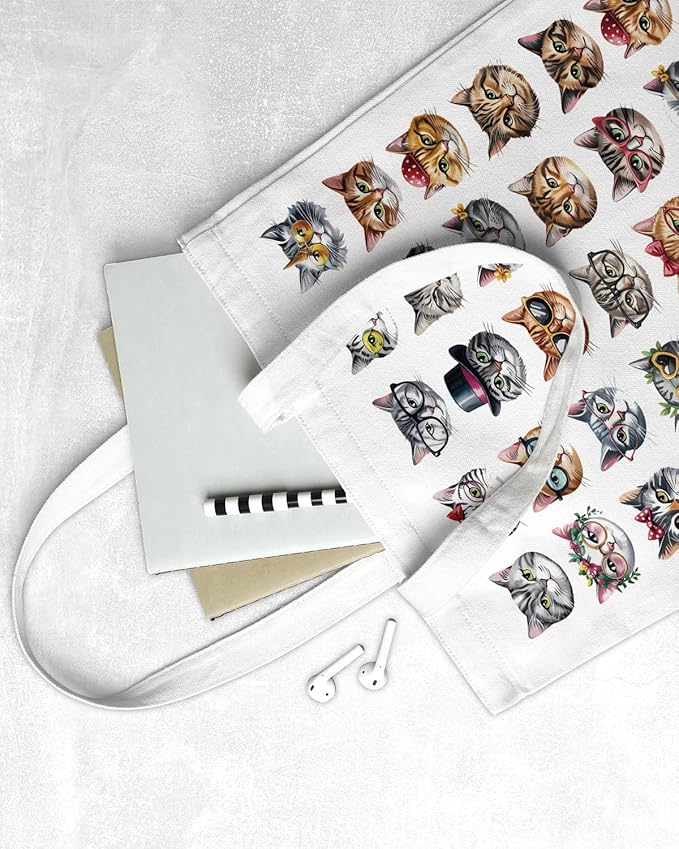 Cute Cat Canvas Tote Bag for Women Funny Cat Bag for Shopping Work Travel Lover Totes Gifts