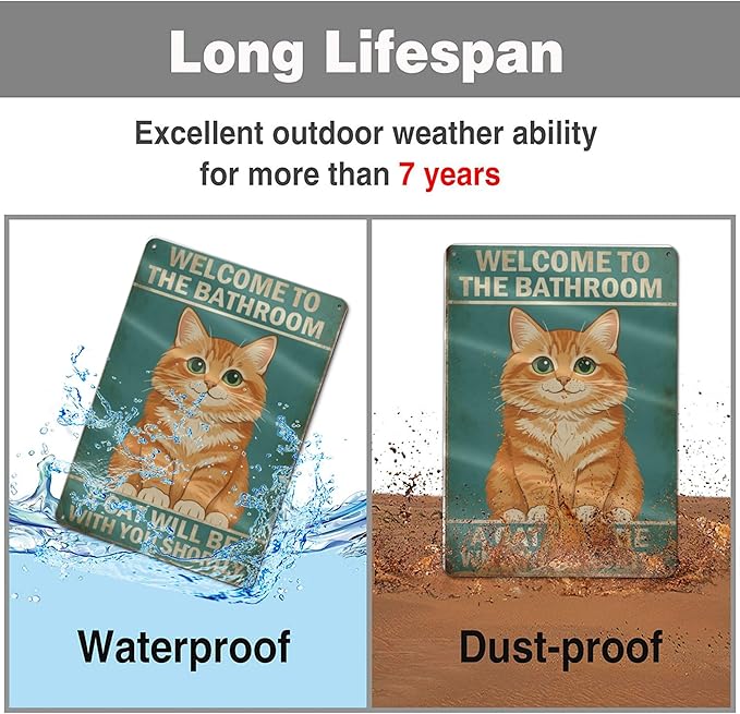 Funny Bathroom Sign Welcome to The Bathroom A Cat Will Be with You Shortly Humorous Restroom Decor Quirky Cat Lover Gift Novelty Aluminum Sign 8x12 Inches Orange Cat-01
