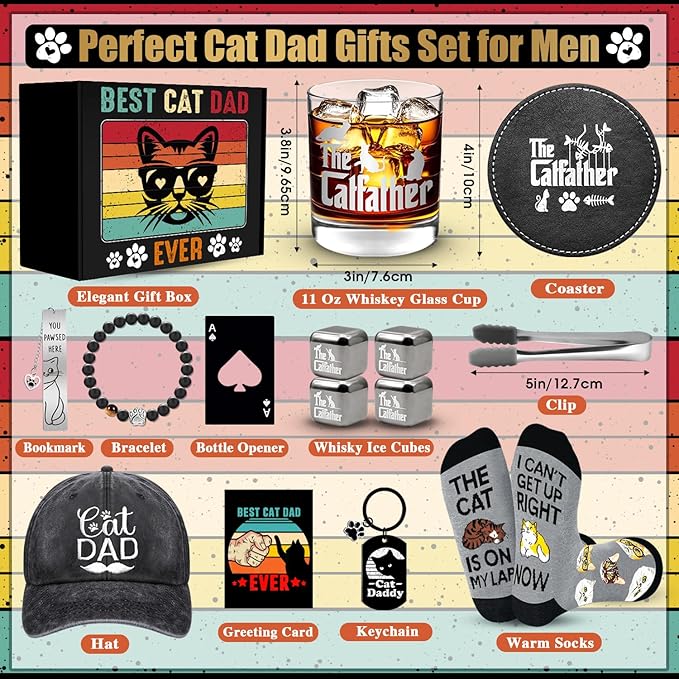 JTAMOHI 15 Pieces Cat Dad Gifts for Men, Cat Lover Gifts for Men with 11 Oz Whiskey Glass Cup 4 Whisky Ice Cubes Coaster Hat Socks Bracelet Keychain Bookmark, Father’s Day, Birthday, Christmas Gift
