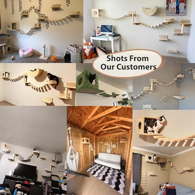 Cat Wall Shelves, Wall Mounted Cat Shelf Furniture with Plush Fabric (9 Piece Set), Cats Furniture with Condos, House, Steps, Bridge Ladder, Scratching Post, Green