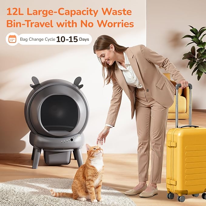 Automatic Self Cleaning Litter Box, Cat Litter Box with APP Control, 65L Globe & Dual Safety Sensors, Robot Litter Box, 1 Roll Garbage Bags and Litter Mat, <35DB, Grey