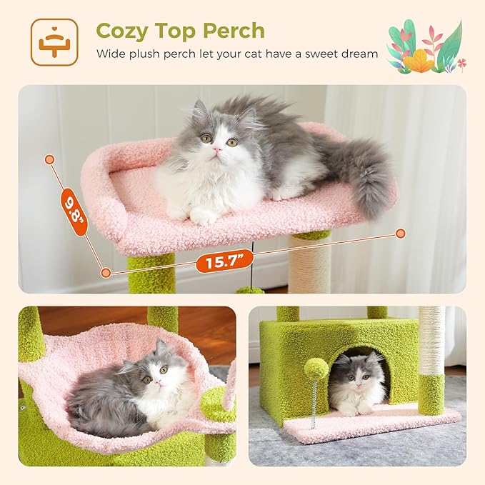 PEQULTI 4-in-1 Multi-Level Cat Tower, 33'' Pink Cat Tree for Indoor Cats with Large Condo, Scratching Post for Cats with Deep Hammock& Cozy Top Perch