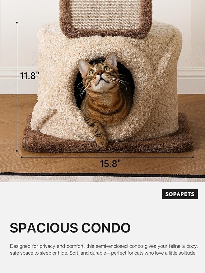Modern Cat Tree for Large Cats, 40 Inch Solid Wood Cat Tower & Luxury Condo for Indoor Cats Adult, Heavy-Duty Cat Tree for Maine Coon, Stable Multi-Level Scratching Post, Cozy Perch & Hideaway, Brown