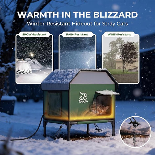 Apasiri Heated Outdoor Cat House for Winter: Insulated with Heating Pad, Indestructible Weatherproof Winter Shelter, Elevated Support to Keep Interior Dry for Stray Cats, Medium