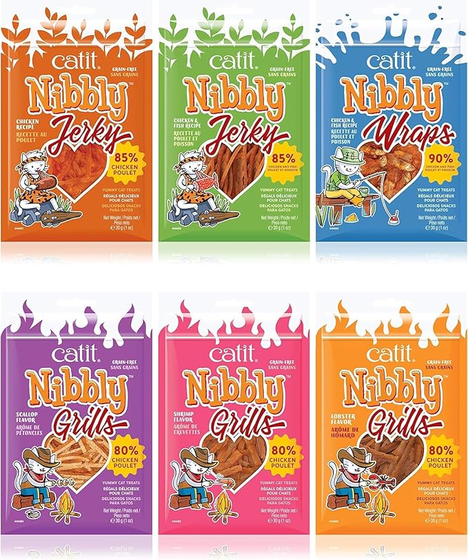Catit Gourmet Cat Treats Variety Bundle - Chicken & Fish Jerky + Chicken & Lobster Grills + Chicken & Shrimp Grills, 1.06-oz Bags