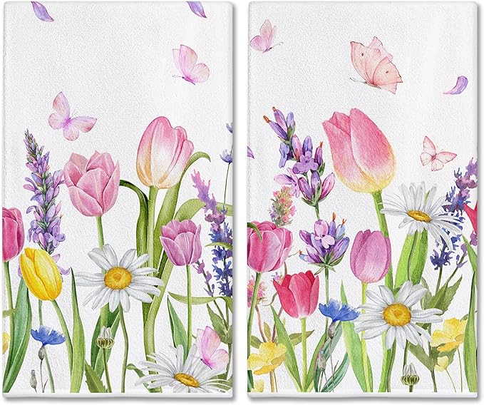 Hexagram Spring Kitchen Towels Sets of 2,Colorful Flower Hand Towels for Bathroom 18x28 Inch, Spring Farmhouse Home Decorations