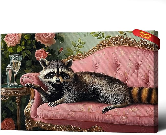 Raccoon With Martini Wrapped Framed Print Poster Whimsical Animal Art Bar Cart Decor Wall Art Room Decor Aesthetics Ready To Hang 12X18 inch