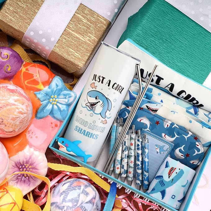 Wonderjune 14 Set Ocean Themed Gifts Baskets Set Summer Sea Marine Life Gifts for Ocean Animal Lover Tote Keychain Cup Socks Makeup Bags Box for Teens Friend Birthday Graduation Party