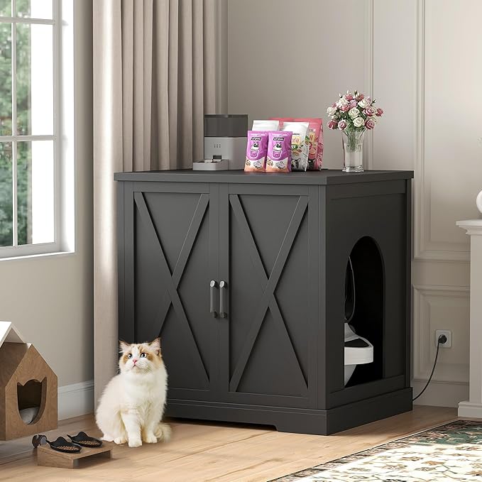 Heybly 34.5" Litter Box Enclosure,Large Robot Cabinet with Charging Station,Wooden Cat Litter Box Enclosure Furniture for Self-Cleaning Robot 3 & 4,Hidden for Smart Litter Box Size, Black HCLB004BK
