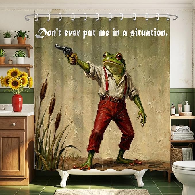 Funny Frog Shower Curtain for Bathroom,Vintage Danger Frog Meme Waterproof Polyester Shower Curtains,Retro Animal Cottagecore Art Bathroom Decor Accessories,72x72 Inch