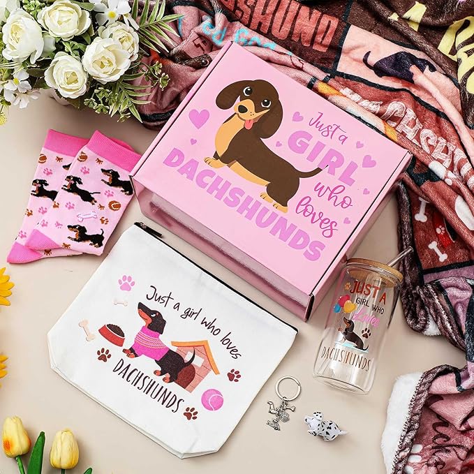 Paterr 6 Pcs Dachshund Lover Gifts for Women, Weiner Dog Gifts Canvas Tote Bag Makeup Bag Print Blanket Socks 16oz Glass Coffee Cup with Straw Cute Keychain for Mother's Day Birthday Girls Daughters