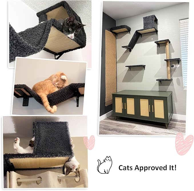 FUKUMARU Cat Wall Shelves, Stable & Safe 4 in 1 Cat Walls Furniture Set, Wooden Kitten Climbing Wall with Scratching Post for 16 Inch Drywall - Gray