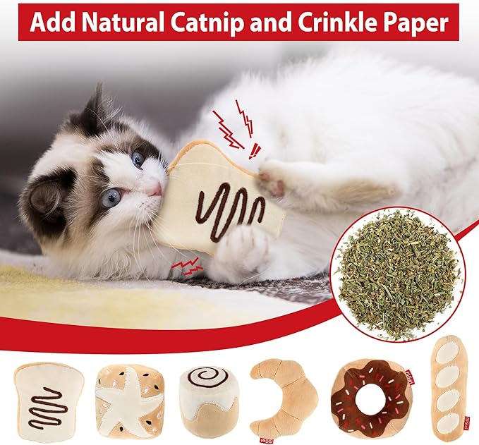 Gigwi Catnip Toys for Cats, Interactive Plush Kicker Toys Set Bread Design, Crinkle Pet Toys for Enrichment with Refillable Catnip, Safe Material Kitten Teething Toys for Chewing, 6 Pack