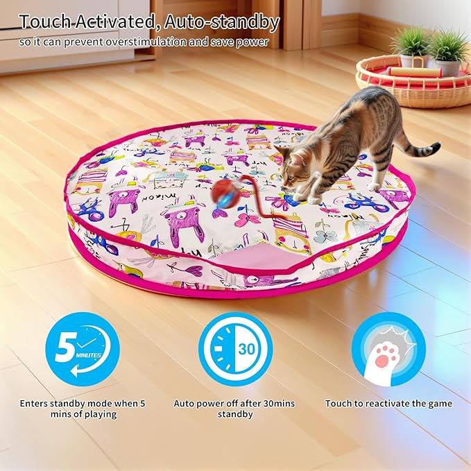 Interactive Cat Toy for Indoor Cat, Hide and Seek Cat Toy, Play Mat Toys with Self Rolling Ball in Pouch, Motion Activate&Buzzing, Rechargeable Pet Teaser Toy (Red)