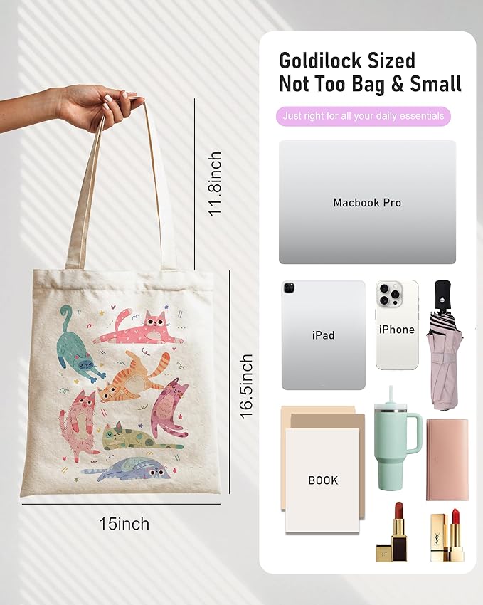 DYALE Canvas Tote Bag Double-Sided Prints with Snap Closure, Cute Tote Bag with Pocket for Shopping, Library, Work, Travel