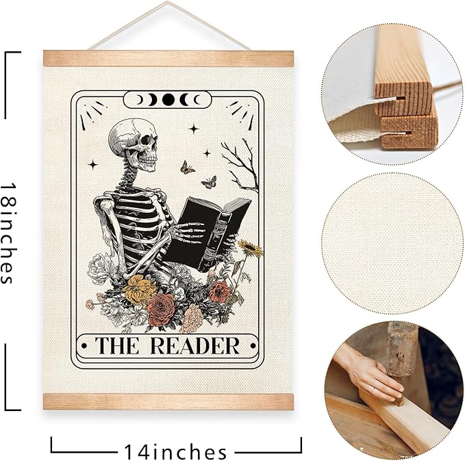 HEYJEEPER The Reader Gothic Skeleton Tarot Card Wall Art Decor, 14x18inch Canvas Wall Hanging Poster wiht Wood Hanger,Reading Wall Decor for Bedroom,or Library (Reader)