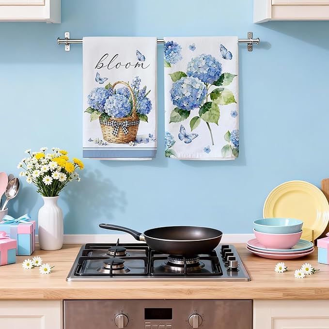 Hexagram Spring Kitchen Towels Sets of 2,Blue Flower Hand Towels for Bathroom 18x28 Inch, Spring Farmhouse Home Decorations