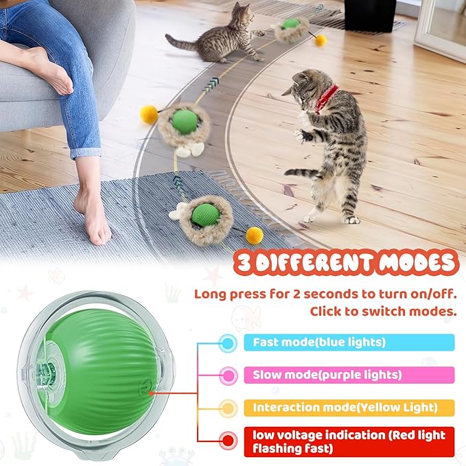 Interactive Cat Toy Ball,360° Self Rolling Cat Ball with Led Light,Rechargable Automatic Motion Activated Moving Toy with 3 Working Modes,Type-c Rechargeable