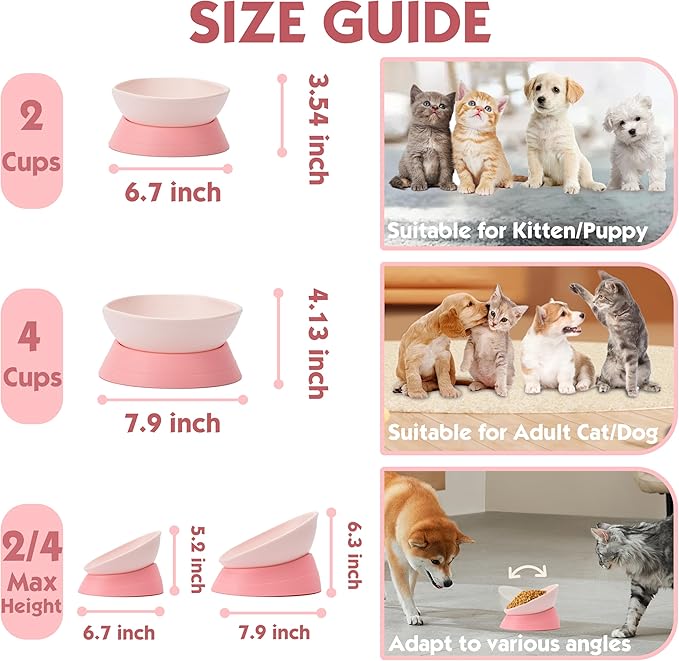 French Bulldog Food Bowl- Slanted Tilted Pug Food Water Bowl,Cat Bowl- Feeder for Frenchie/Shih Tzu/Flat Faced Small Dogs/Puppies/Cats (Pink, 2 Cup)
