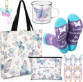 Butterfly Lover Gifts for Women Birthday Gifts Baskets Set Include Canvas Tote Bag, Makeup Bag, Socks, Keychain, Enamel Mug, Small Figurines for Mom, Wife, Sister, Friend