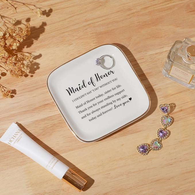 PUDDING CABIN Bridesmaid Gifts Ring Dish - Maid of Honor Today, Sister for Life - Wedding Bridal Shower Bachelorette Gifts for Bridesmaid, Maid of Honor Proposal from Bride