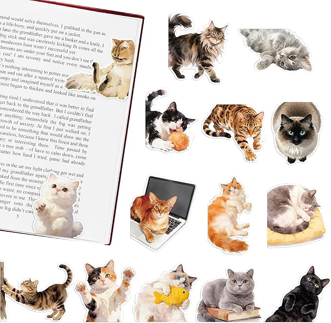 Cats Magnetic Bookmarks Gifts - 15 Pcs Cute Funny Bookmark for Women Kids Cat Lovers Students Bookworms Birthday Graduation Gift Animals Magnet Page Clips School Office Reading Accessories