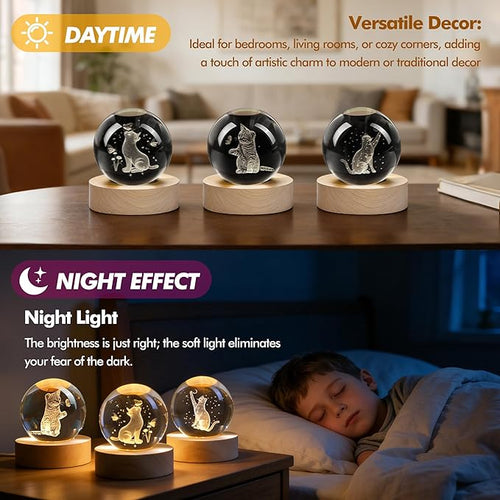 2.3in Crystal Ball for Cat Lovers 3D Glass Engraved Cat Decorative Night Light with Wooden Light Base for Birthday Wedding Housewarming