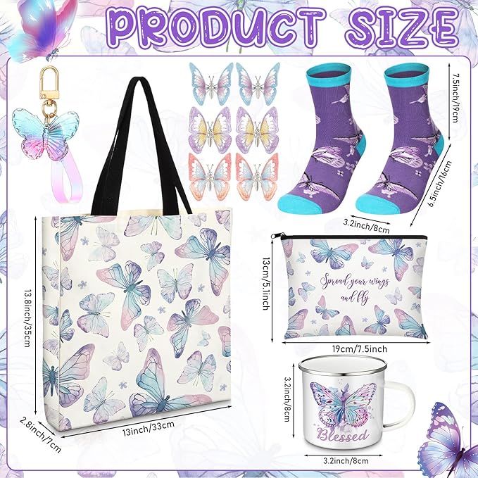 Butterfly Lover Gifts for Women Birthday Gifts Baskets Set Include Canvas Tote Bag, Makeup Bag, Socks, Keychain, Enamel Mug, Small Figurines for Mom, Wife, Sister, Friend