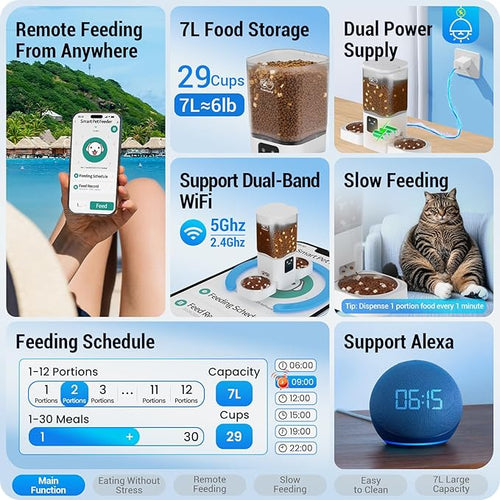 5G WiFi Automatic Cat Feeder 2 Cats: Dual Automatic Dog Feeder with APP Control, Cat Food Dispenser for Multiple Pets, Detachable for Easy Clean, 7L Large Food Storage -29 Cup (ACF190W-C)