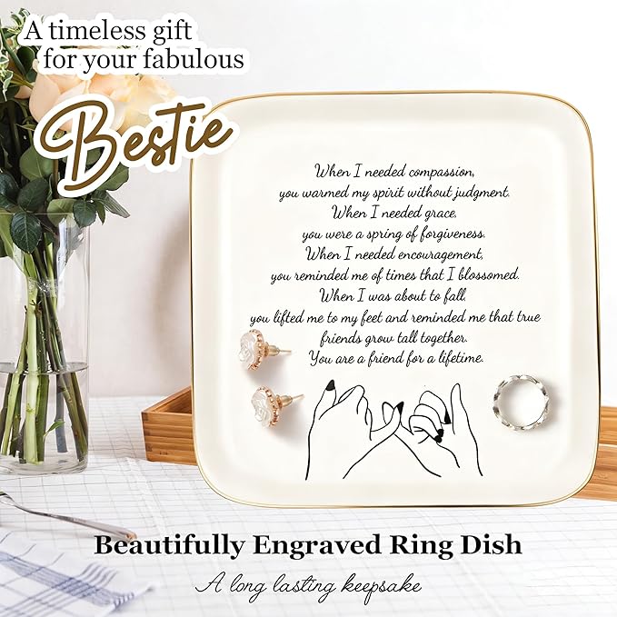 Friend Gifts for Women Friends, Long Distance Friendship Jewelry Tray - Ceramic Trinket Dish Birthday Gifts for BFF Bestie - Unique Sentimental Soul Sister Gifts, 5.5"x5.5" (Friend for a Lifetime)