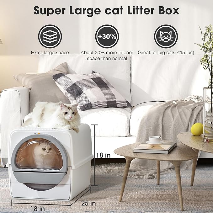 Self Cleaning Cat Litter Box Odor Control, Pull and Scoop Litter Box with Enclosed Lid, Covered Non-Electric Semi-Automatic Self Cleaning Litter Boxes for Large Cats, White& Gray