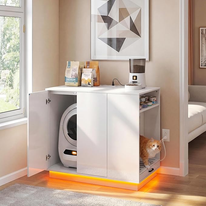 Large Hidden Litter Box Furniture with Led Light & Power Outlets, Modern Cat Litter-Box Enclosure for Self-Cleaning Litter Boxes, Indoor Wooden Storage Cat Cabinet, High-Gloss White