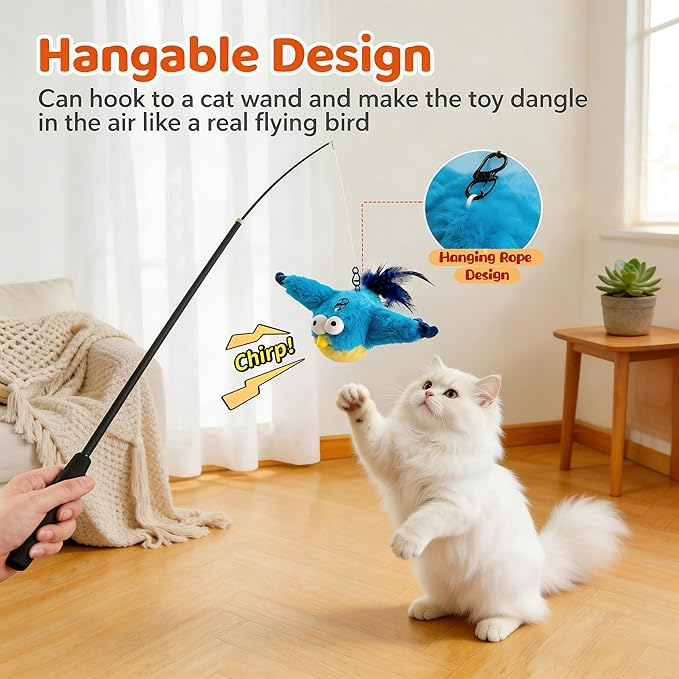 Flying Bird Cat Toys - Interactive Simulated Chirping & Flapping Wings, Realistic Flappy Chase with Catnip, Viral USB Rechargeable Motion-Activated Toy for Indoor Cats