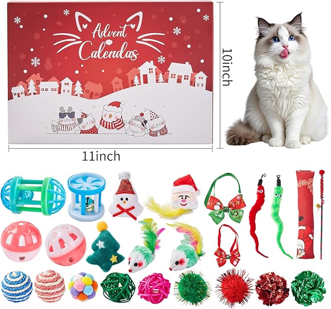 Christmas Cat Toy Advent Calendar 2025, 24 Days Xmas Cat Toys Countdown Calendar Gift Set for Cat Lovers with Mice Ball Bells Feather Teaser