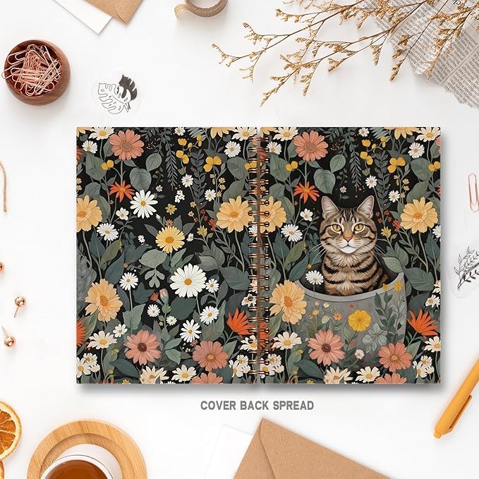 Cat Notebook, Retro Floral Botanical Cat Journal for Writing, Cats Mom Lovers Gifts for Women, Cottagecore Aesthetic Spiral Notebook 5.5x8.3 Inch