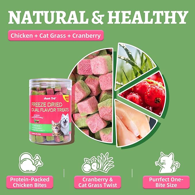 Just Try 3.52 oz Freeze Dried Cat Treats for Indoor Cats High Protein Training Treats Food Topper, Cat Grass Treats Hairball Control & Cranberry for Urinary Tract Health