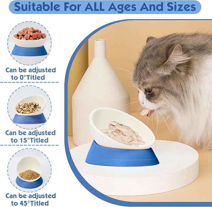 French Bulldog Food Bowl- Slanted Tilted Pug Food Water Bowl,Cat Bowl- Feeder for Frenchie/Shih Tzu/Flat Faced Small Dogs/Puppies/Cats (Blue, 2 Cup)
