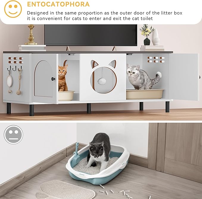 YITAHOME Cat Litter Box Enclosure, 47.2in Litter Box Furniture Hidden, Wooden Washroom Furniture, Hidden Litter Boxes Cover, Cat House Fit Most of Litter Cabinet, End Table, Nightstand, White+Black
