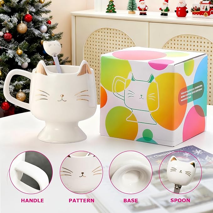 Christmas Mugs High-Footed Ceramic Cat Mug – 13.5oz Unique Coffee Cup with kitty Expression Design, Fun Gift for Women, Girls, Kids, Cat Lovers (white)