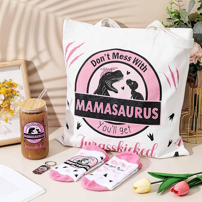 Paterr 4 Pcs Mom Gifts for Mother's Day Mamasaurus Gift for mother women Birthday Decorations，with Canvas Tote Bag 16oz Glass Coffee Cup with Straw Socks Cute Keychain