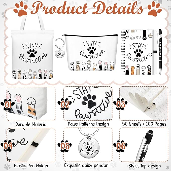 Talltalk 5pcs Valentines Positive Gift for Cat Lover Pawsitive Tote Bag Paw Print Makeup Bag Stainless Steel Keychain Motivational Quote Notebook Pen Pawsitive Pet Themed Gift for Women