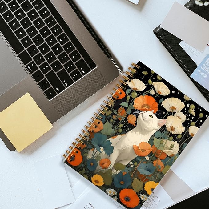 Vintage Floral Cat Notebook, Colorful Cottagecore Wildflower Botanical White Cat Journal for Writing, Cats Mom Lovers Gifts for Women, Spiral Notebook 5.5x8.3 Inch