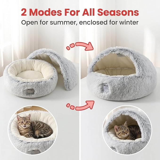 Hooded Dog Bed, Cat Cave Bed with Removable Hood, 2-in-1 Convertible Donut Cat Bed, All Season Fluffy Pet Bed for Cats Small Dogs (Cave Nest - Grey, Large Size 23.6 in)