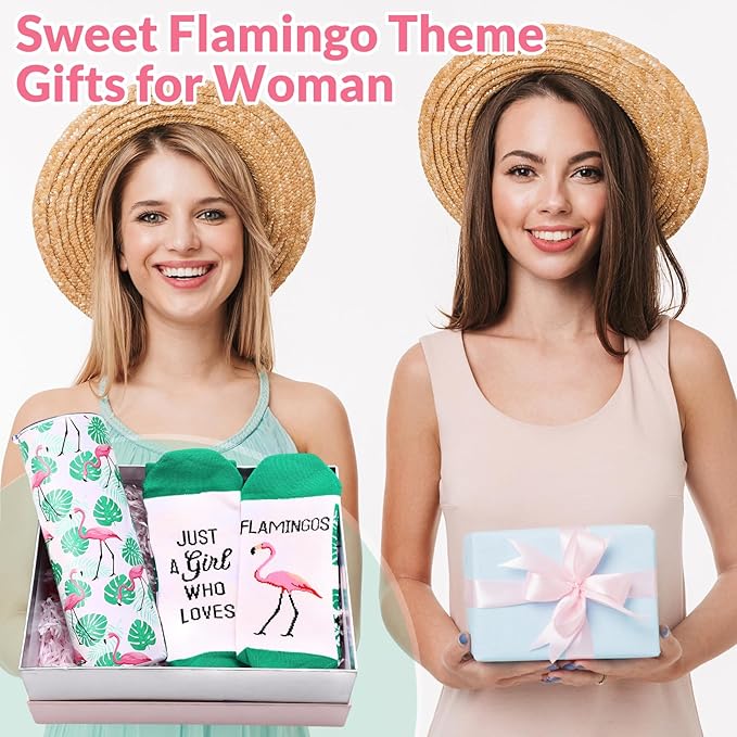 Funnymoom 2 Pack Flamingo Themed Gifts Set Skinny Tumbler 20 oz Travel Coffee Novelty Cute Animals Mug Socks, Christmas Birthday Party Favors