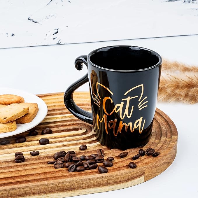 Hendson Cat Mom Gifts for Women - Mama Birthday Gift - Crazy Cat Lover Lady Coffee Mug Gift for Mom, Daughter, Sister, Aunt, Wife, Best Friends, BFF, Coworkers, Her - 2-sided Black & Gold Cup, 12oz