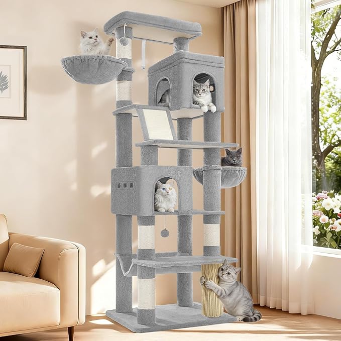 Hzuaneri Large Sturdy Cat Tree Tower, 75 Inch Tall Pet Condo For 7 Large Cats, Cat Tree Indoor Climbing Activity Tower, 2 Large Platform/2 Cave/2 Hanging Basket/5 Scratching Post, Light Grey MS19018LG