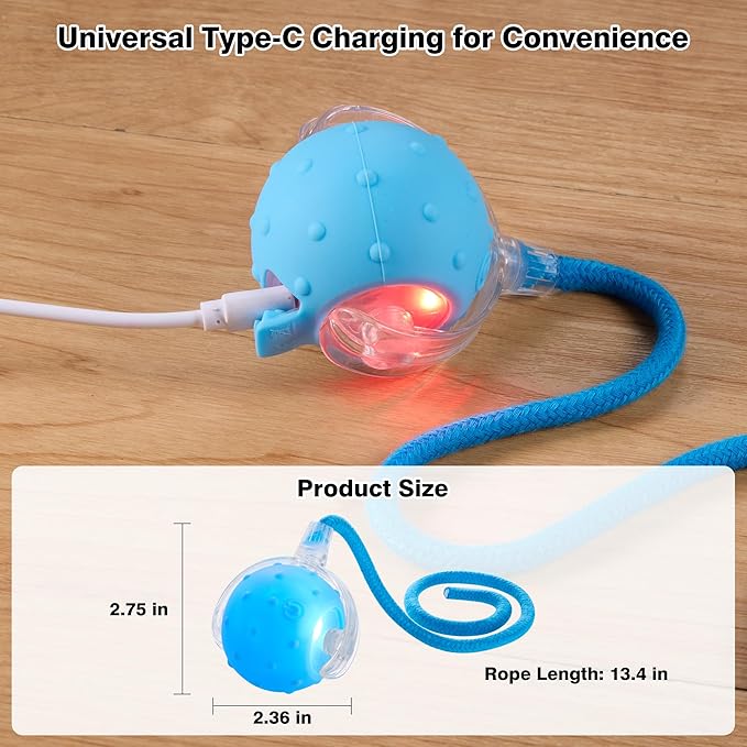 ZUAMEGUPetToy, Interactive Cat & Dog Ball Toy with Bird Sounds, Rechargeable 360° Smart Auto-Rolling Electric Pet Ball Toy (with Leash), Suitable for Indoor & Outdoor Use (Blue)