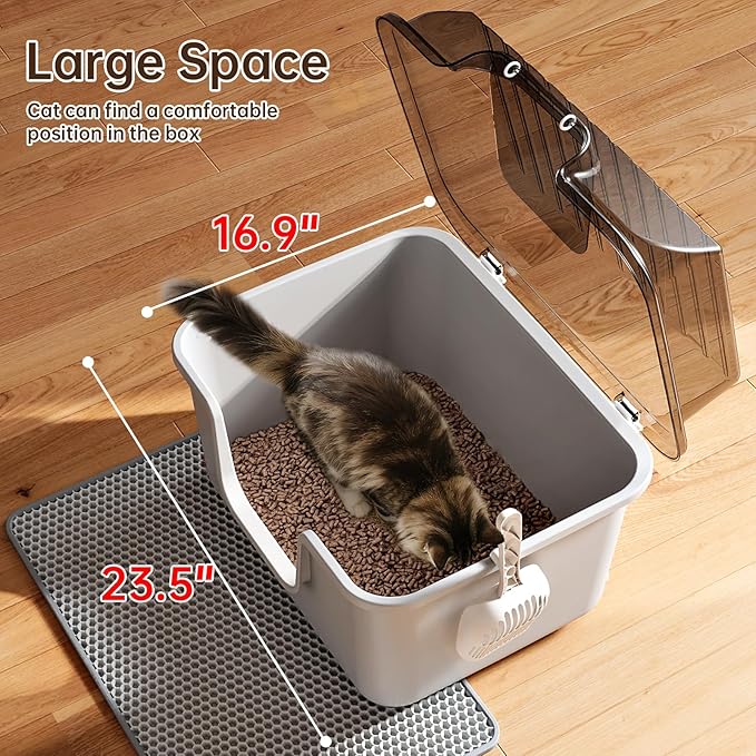 Oneluck XXXL Cat Litter Box with Lid,Extra Large Cat Litter Box for Big & Multiple Cats, Removable Transparent Cover, Anti-Urine Leakage | High Sided & Includes Litter Mat & Scoop