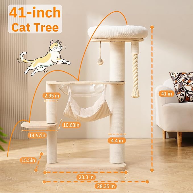 Modern Cat Tree Small Tower with Scratching Post for Indoor, Solid Wood Multifunctional Corner Cat Tree Tower with Bed